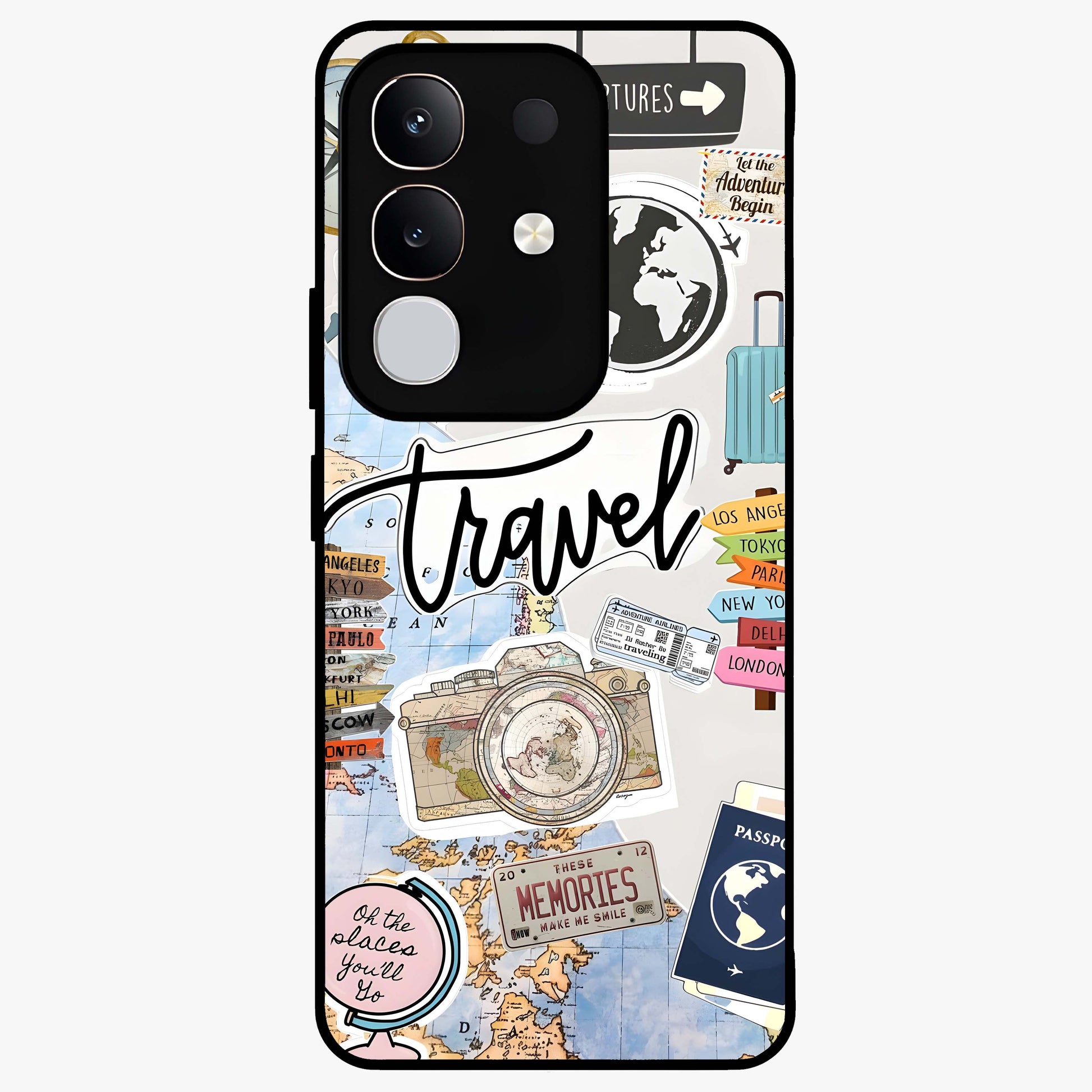 Wanderlust Journal Glass Case showing flat back view with travel inspired artwork and glossy glass finish.