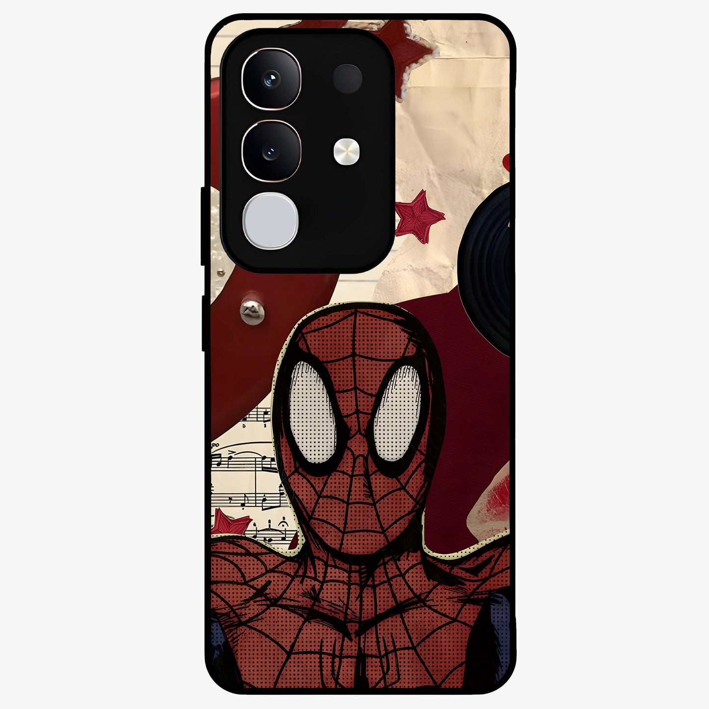 Web Warrior Vibes Glass Case showing flat back view with superhero inspired web themed artwork and glossy glass finish.