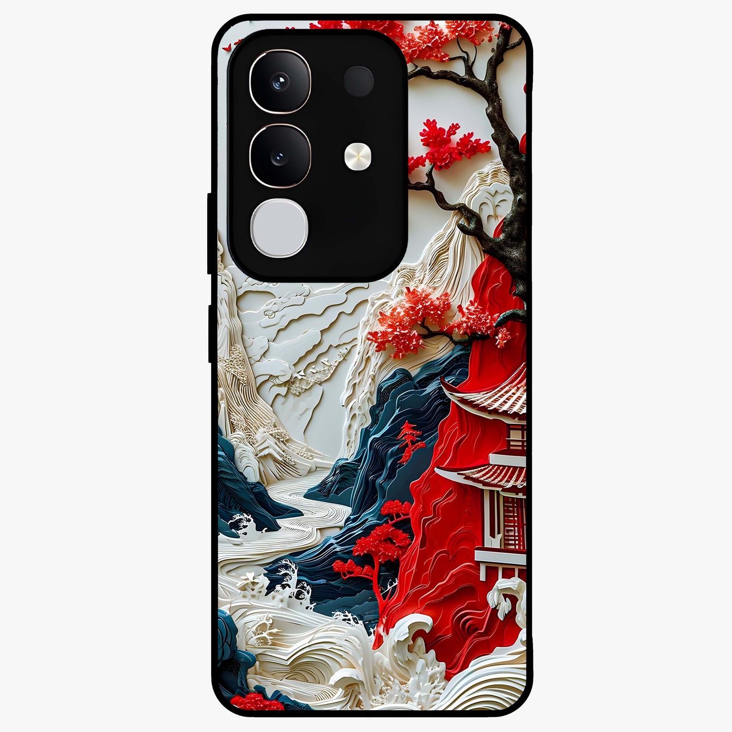 Whispers Of Sakura Waves Glass Case showing flat back view with cherry blossom wave artwork and glossy glass finish.