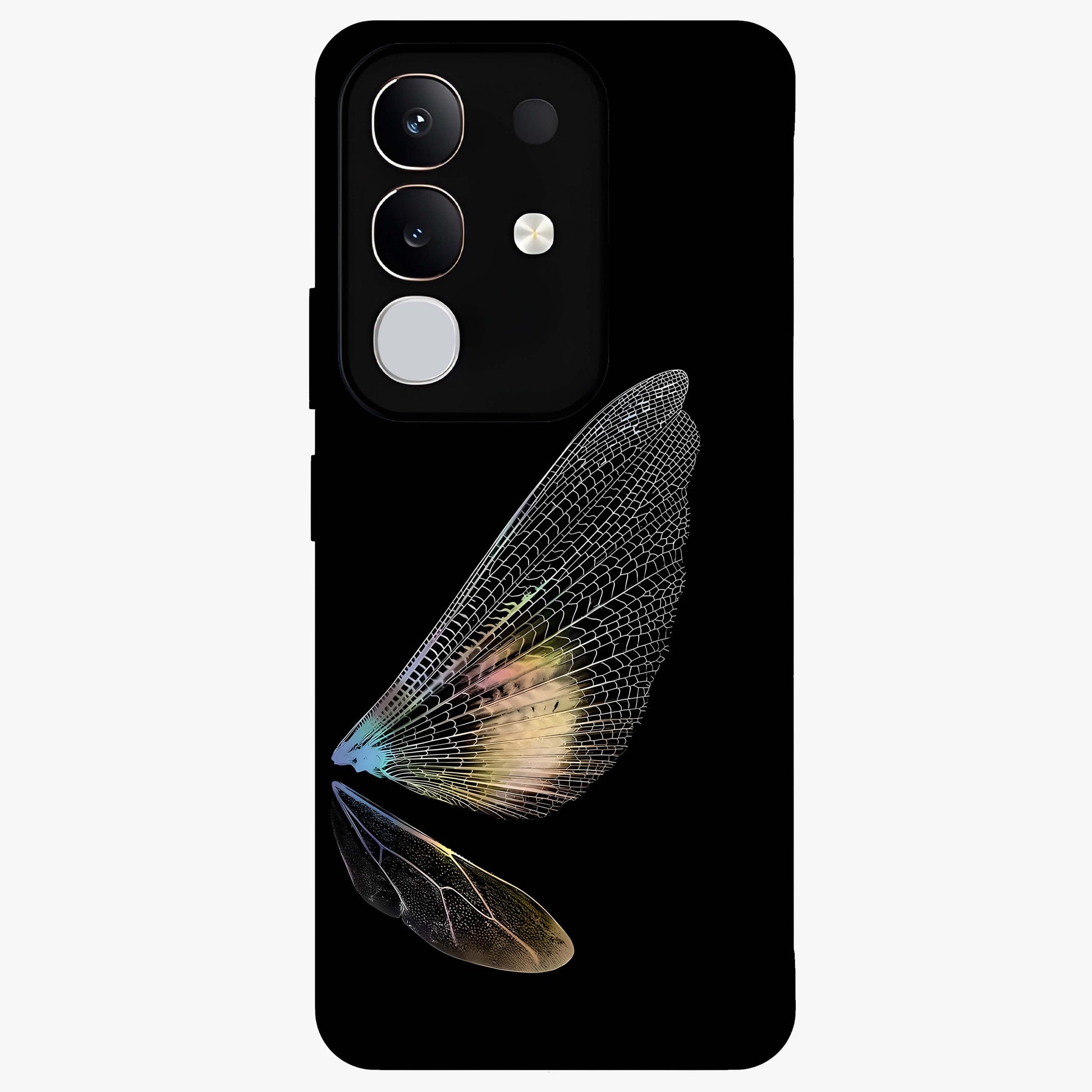 Whispers Of Wings Glass Case showing flat back view with graceful wing inspired artwork and glossy glass finish.