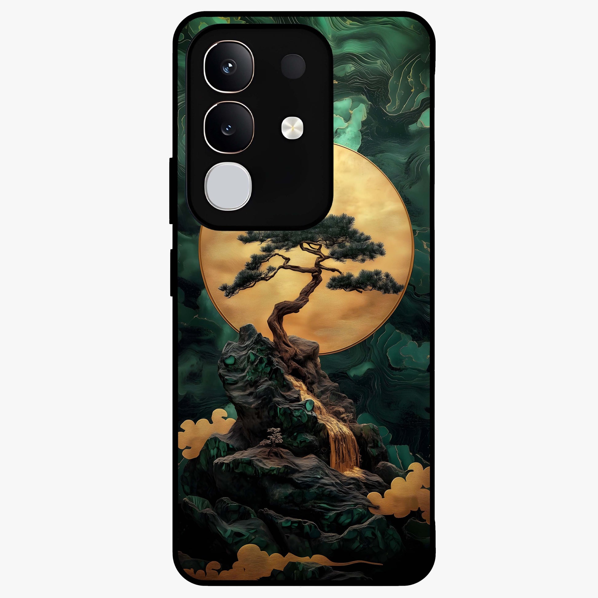 Zen Moon Rise Glass Case showing flat back view with calm moonrise artwork and glossy glass finish.