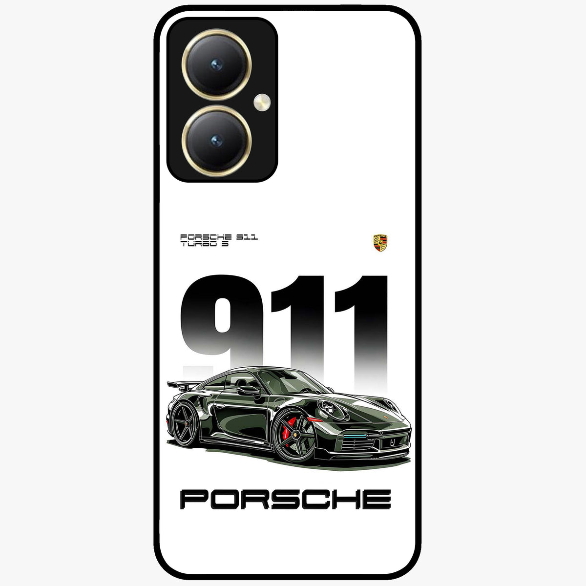 911 Turbo Dominance Glass Case showing clean flat back view with bold 911 sports car artwork and glossy glass finish.