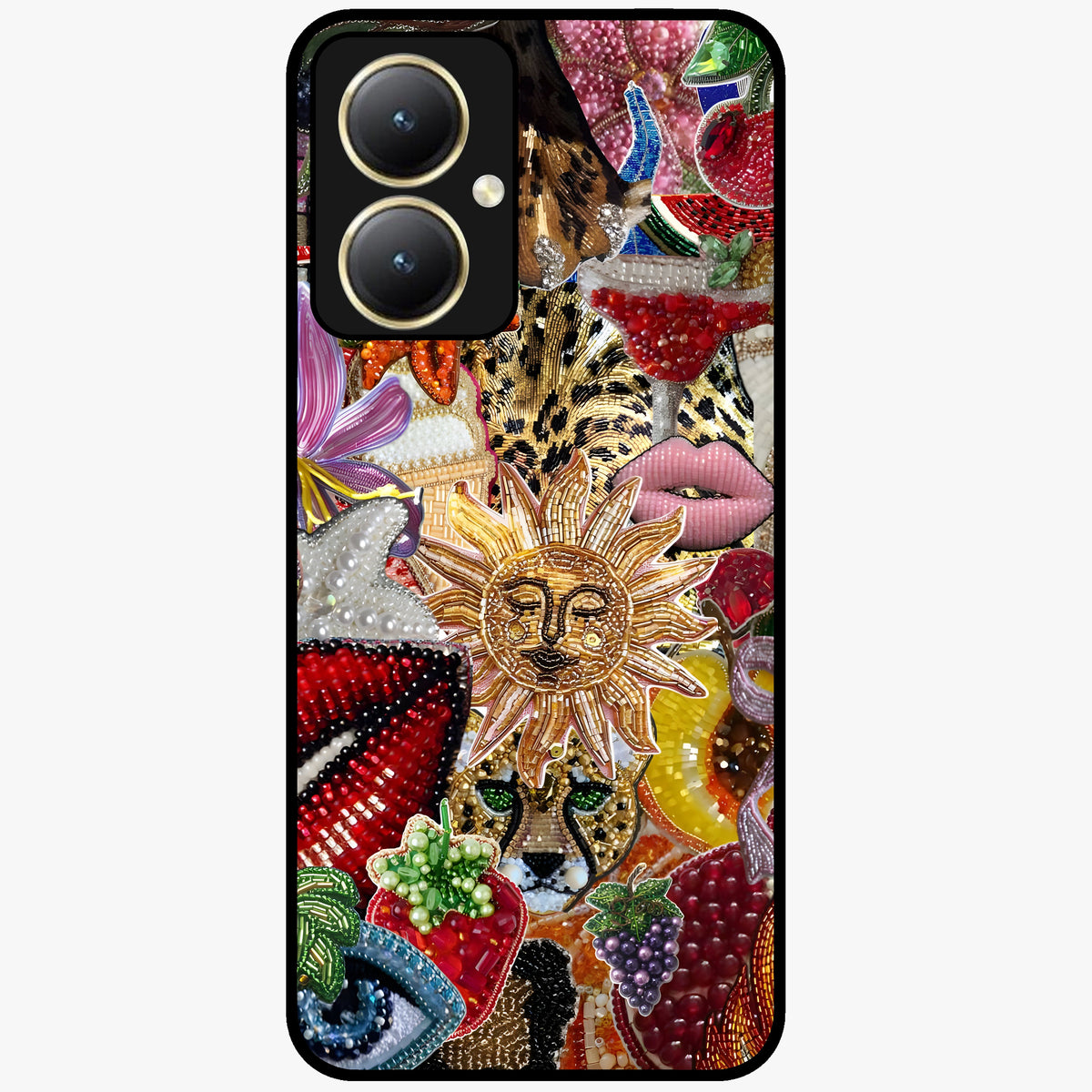 Beaded Fashion Jungle Glass Case showing flat back view with vibrant jungle inspired bead artwork and glossy glass finish.