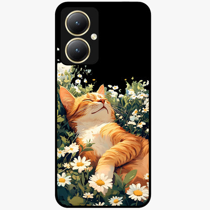Blissful Bloom Cat Glass Case showing flat back view with cute cat and floral bloom artwork and glossy glass finish.