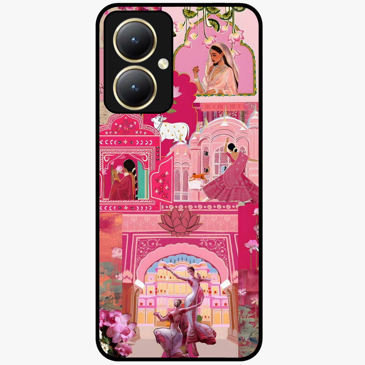 Blossoms of Rajasthan Glass Case showing flat back view with traditional floral artwork inspired by Rajasthan and glossy glass finish.