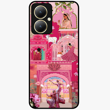 Blossoms of Rajasthan Glass Case showing flat back view with traditional floral artwork inspired by Rajasthan and glossy glass finish.