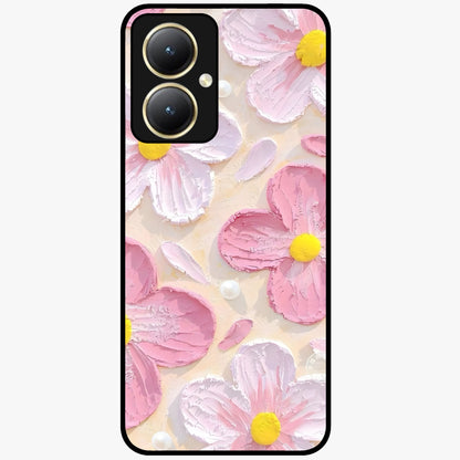 Blush Bloom Texture Glass Case showing flat back view with soft blush floral texture artwork and glossy glass finish.
