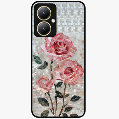 Blush Mosaic Bloom Glass Case showing flat back view with mosaic floral bloom artwork and glossy glass finish.