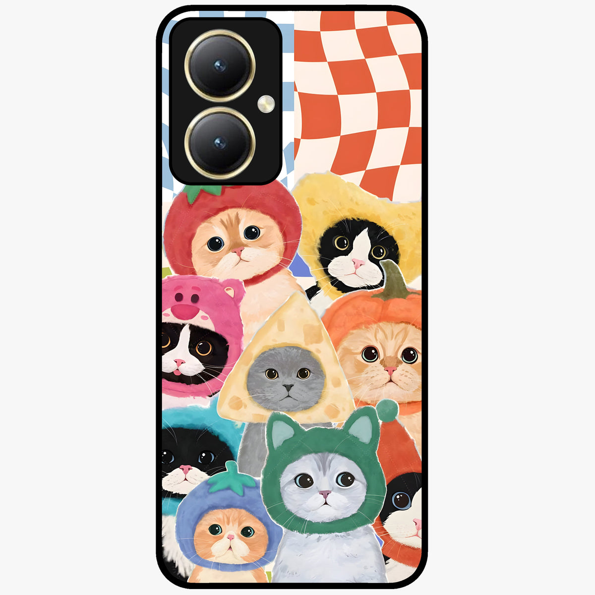 Cats in Fruits Glass Case showing flat back view with playful cat illustrations inside fruit artwork and glossy glass finish.