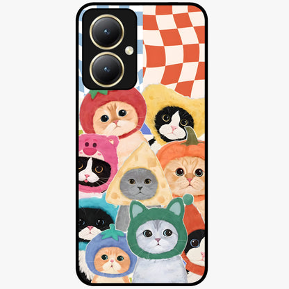 Cats in Fruits Glass Case showing flat back view with playful cat illustrations inside fruit artwork and glossy glass finish.