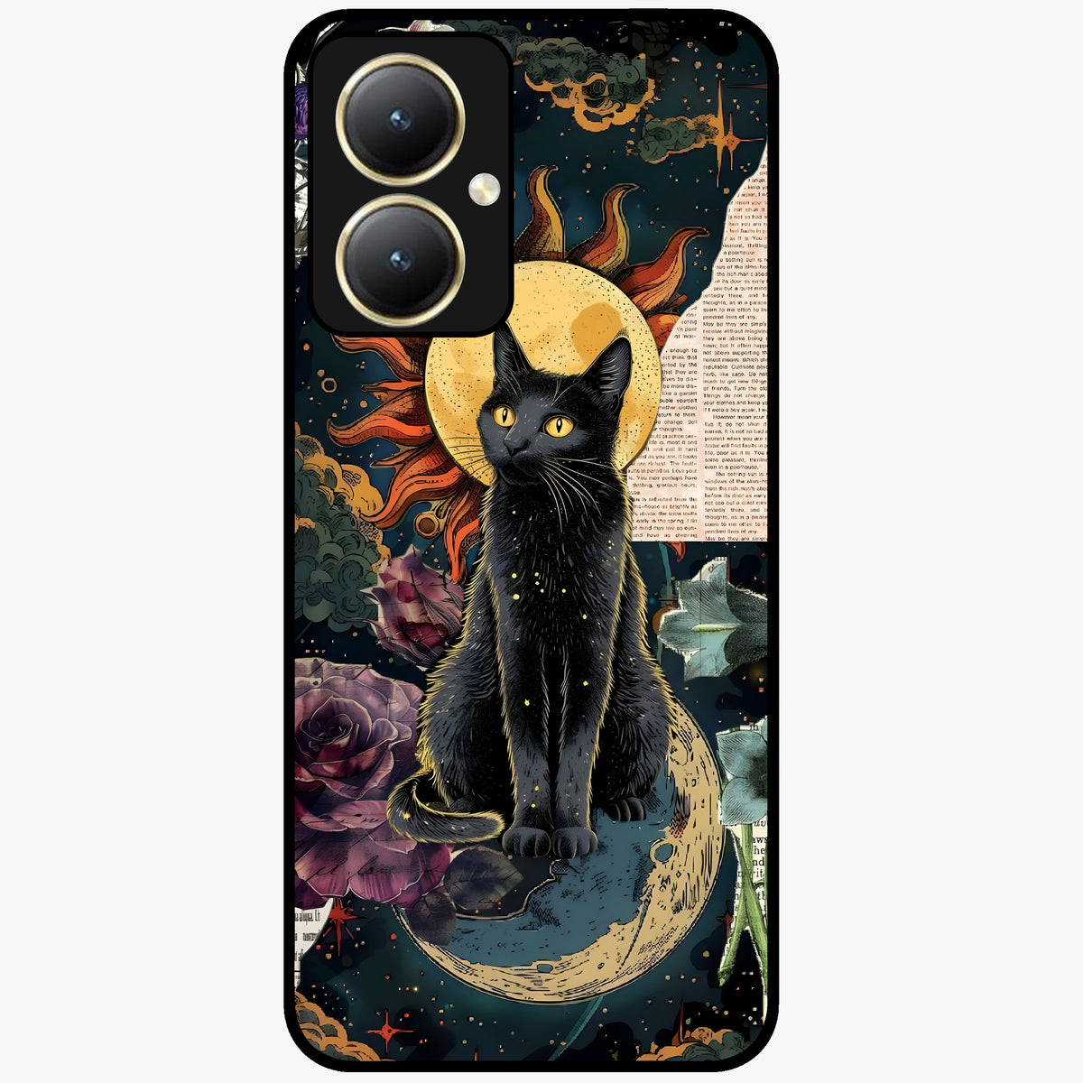 Celestial Black Cat Glass Case showing flat back view with mystical black cat artwork and glossy glass finish.
