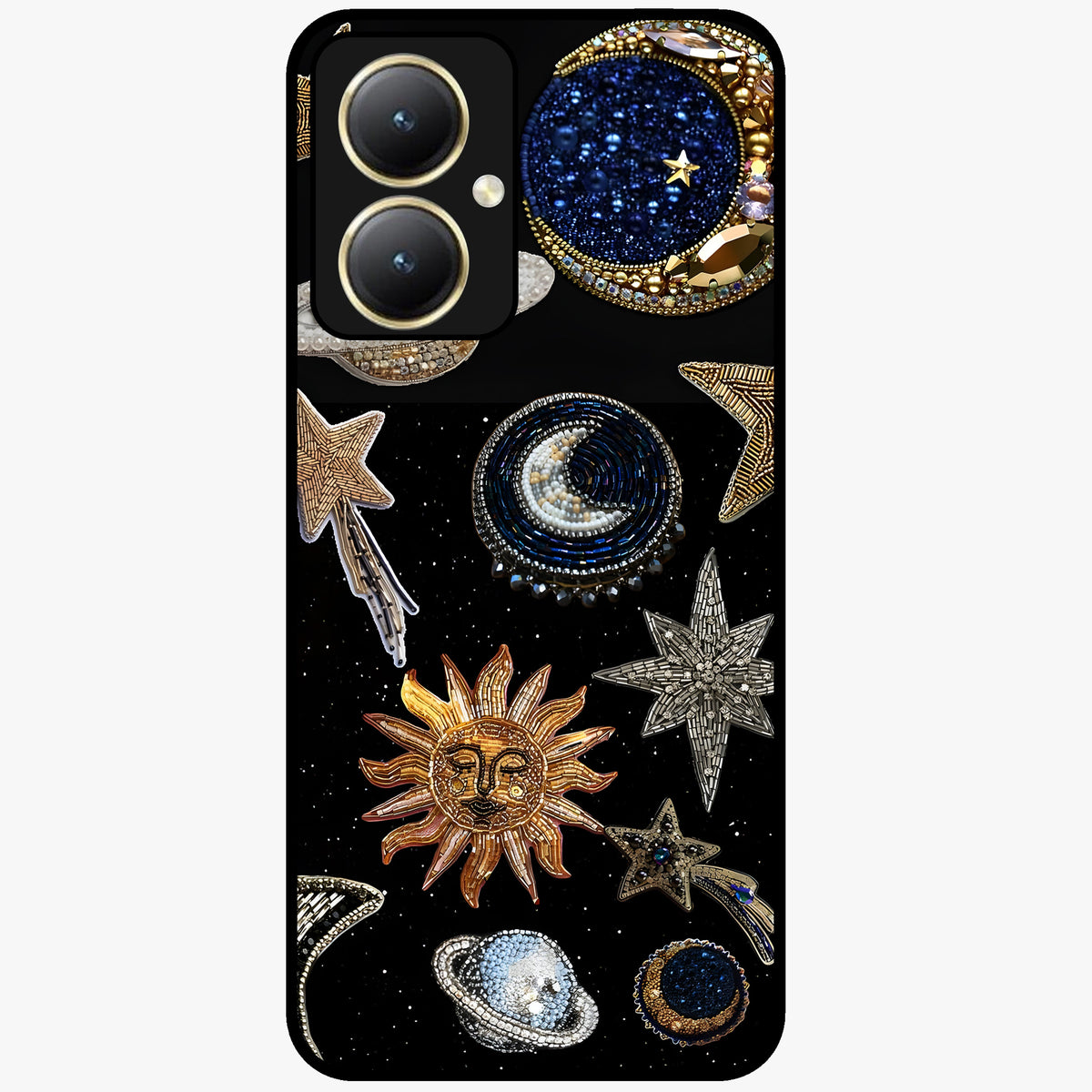 Celestial Gem Constellations Glass Case showing flat back view with sparkling constellation artwork and glossy glass finish.