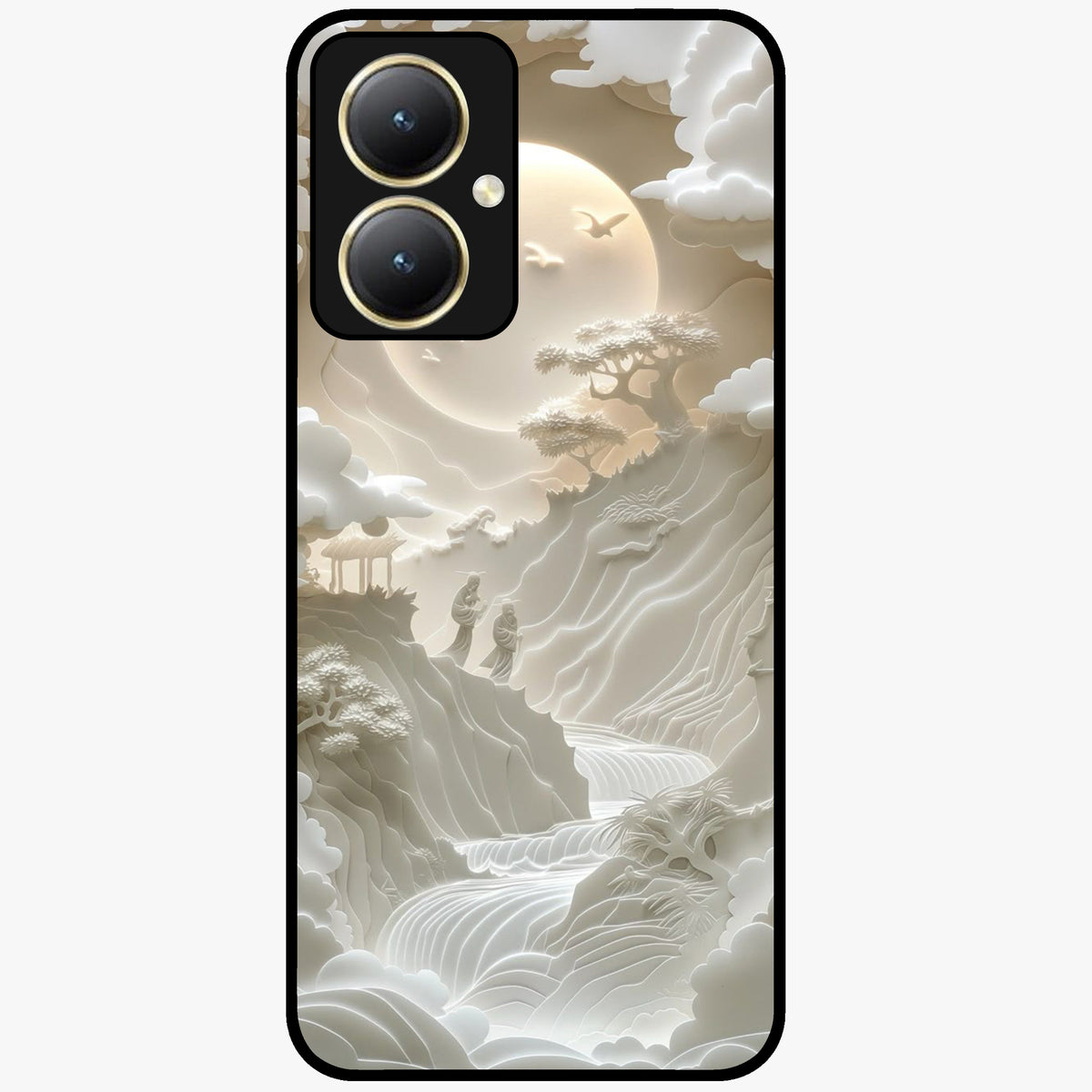 Celestial Origami Glass Case showing flat back view with artistic origami inspired celestial artwork and glossy glass finish.