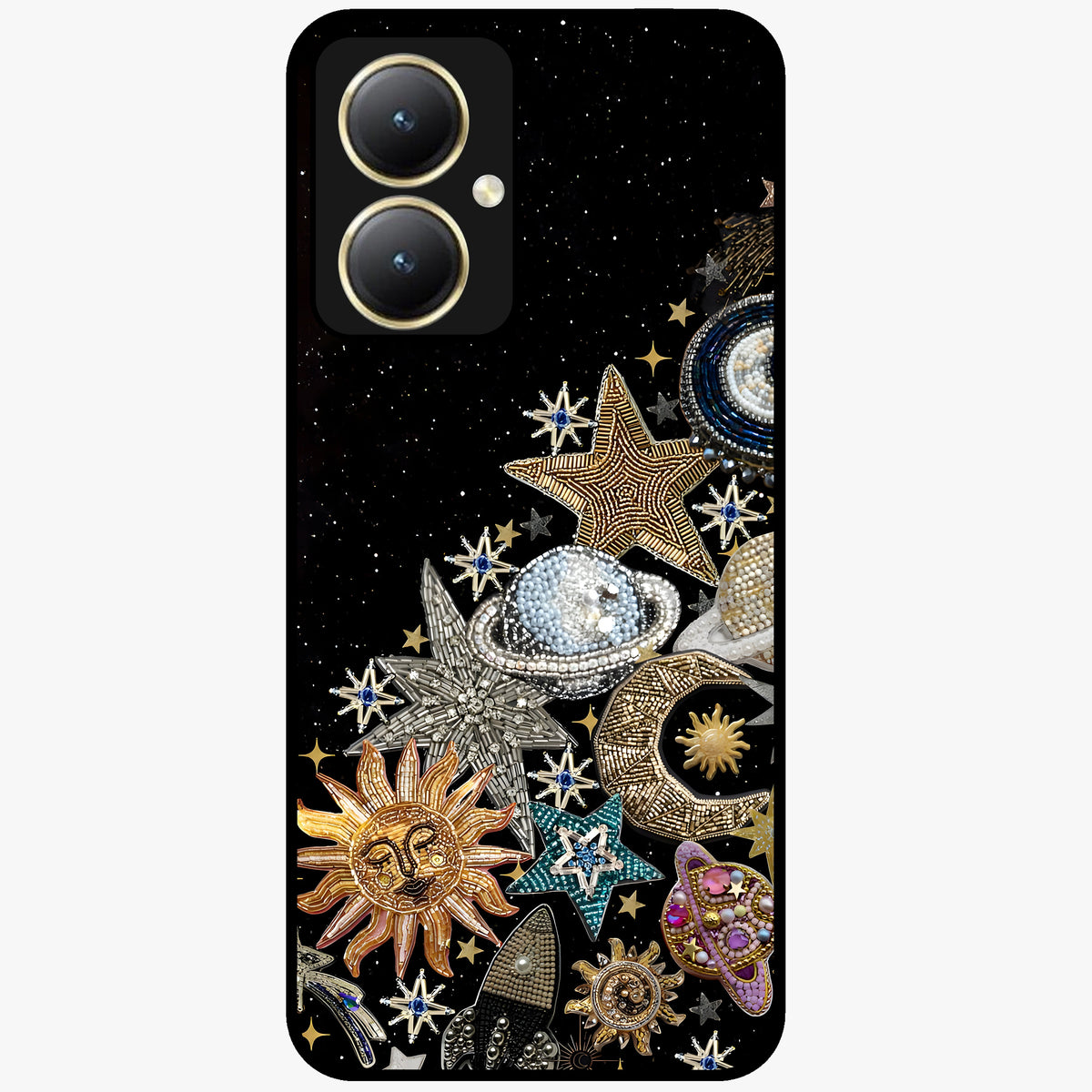 Cosmic Sparkle Dreams Glass Case showing flat back view with sparkling cosmic artwork and glossy glass finish.
