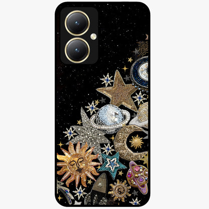 Cosmic Sparkle Dreams Glass Case showing flat back view with sparkling cosmic artwork and glossy glass finish.