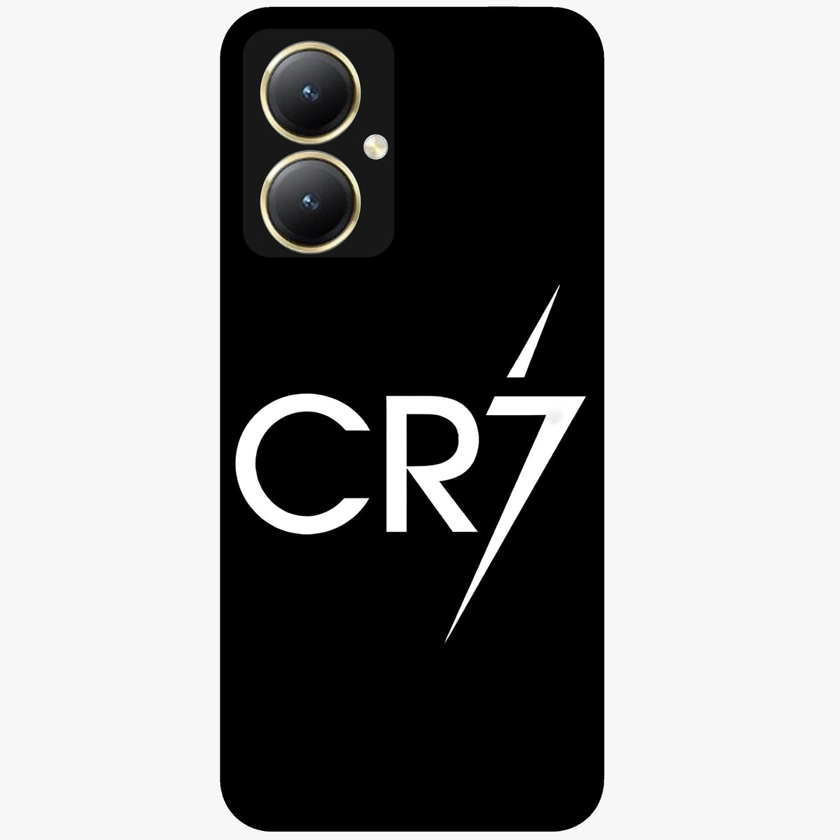 Cr7 Elite Strike Glass Case showing flat back view with dynamic football inspired artwork and glossy glass finish.
