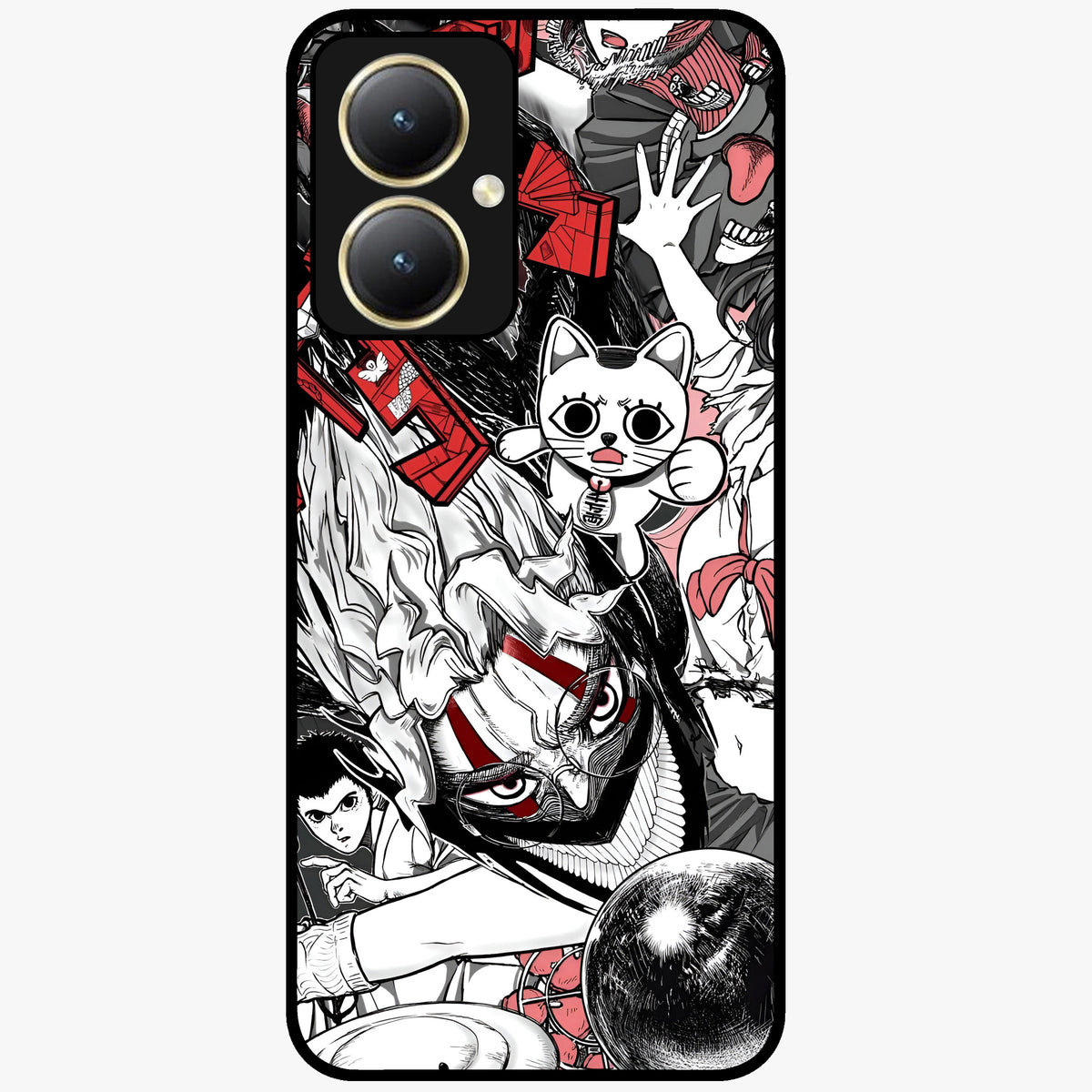 Crimson Chaos Panel Glass Case showing flat back view with bold crimson abstract artwork and glossy glass finish.