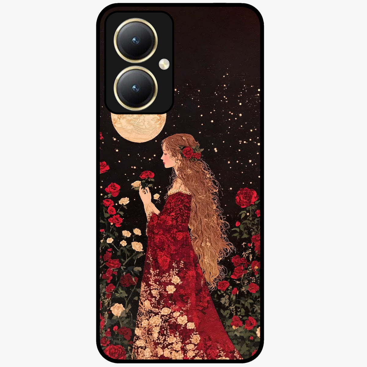 Crimson Dreams Glass Case showing flat back view with dreamy crimson artwork and glossy glass finish.