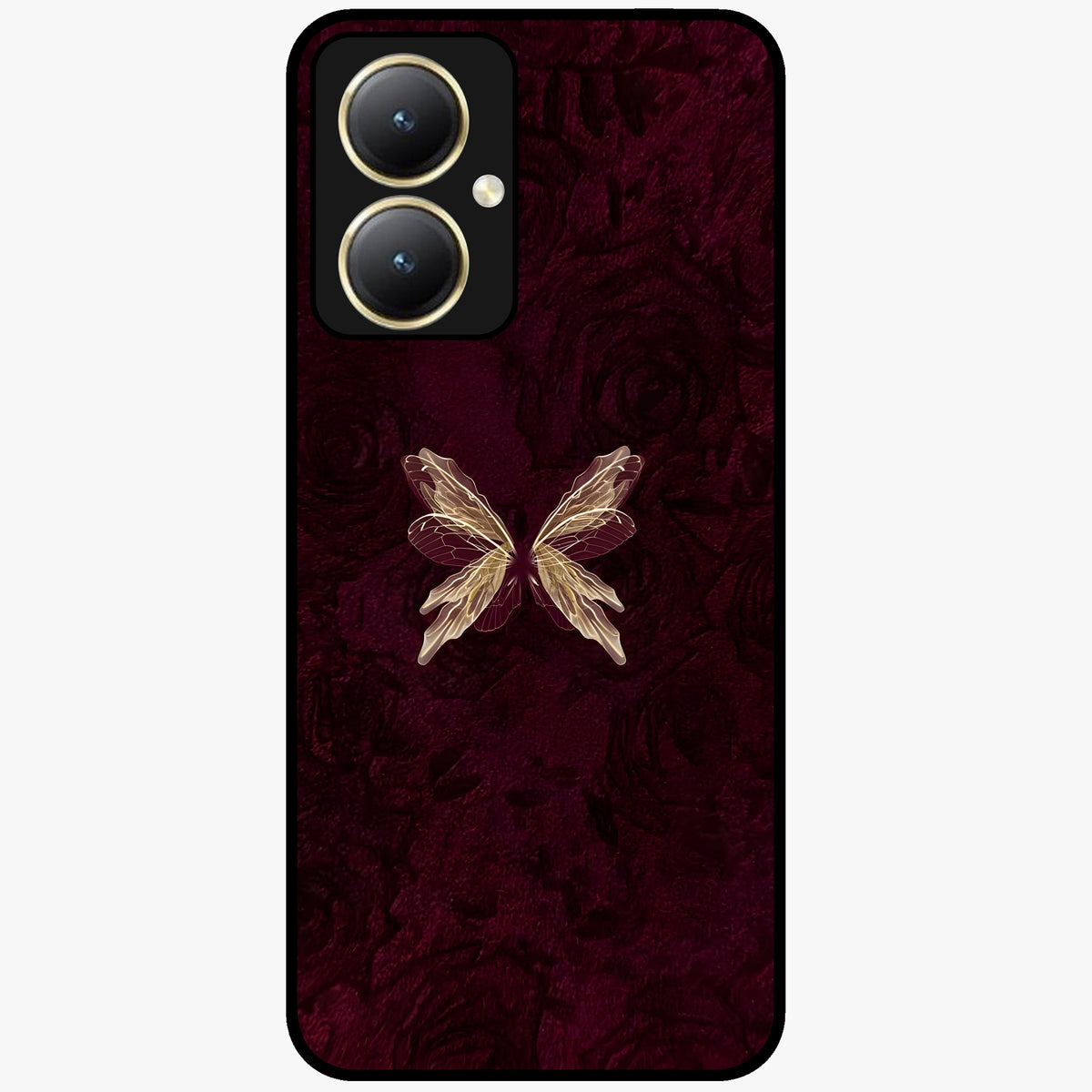 Crimson Fade Butterfly Glass Case showing flat back view with fading butterfly artwork and glossy glass finish.