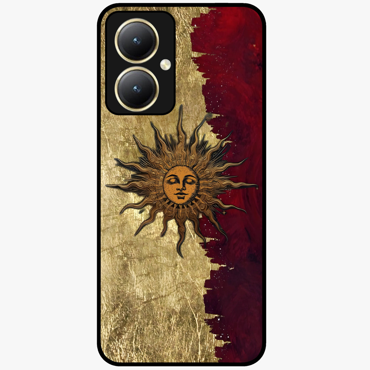 Crimson Sun Majesty Glass Case showing flat back view with radiant sun inspired artwork and glossy glass finish.