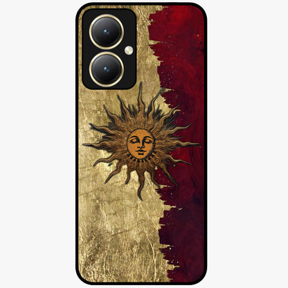 Crimson Sun Majesty Glass Case showing flat back view with radiant sun inspired artwork and glossy glass finish.