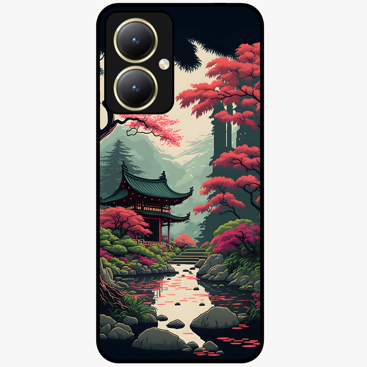 Crimson Temple View Glass Case showing flat back view with temple inspired artwork and glossy glass finish.