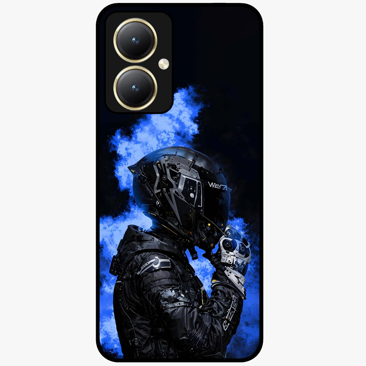 Cyber Sentinel Protocol Glass Case showing flat back view with futuristic cyber themed artwork and glossy glass finish.
