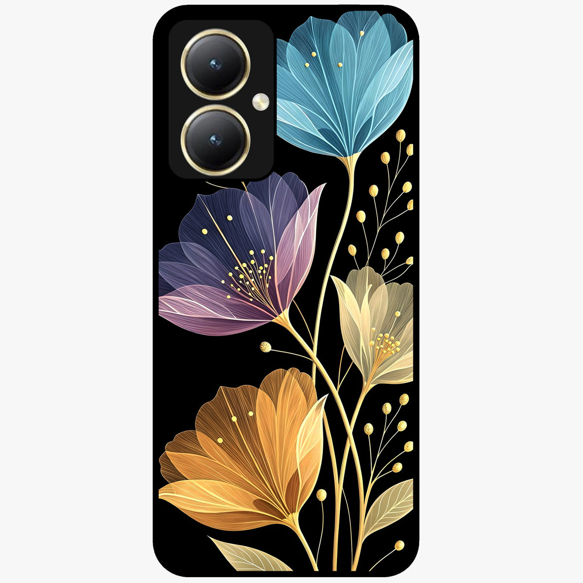 Delicate Multicolor Flowers Glass Case showing flat back view with vibrant floral artwork and glossy glass finish.