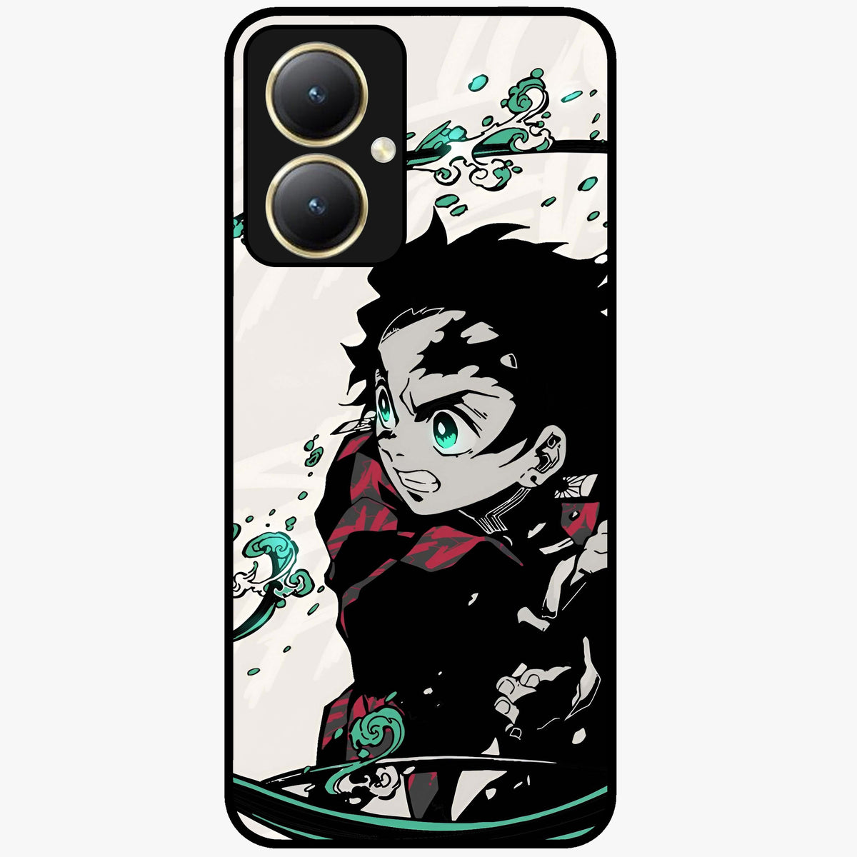 Demon Slayer Glass Case showing flat back view with bold anime inspired artwork and glossy glass finish.