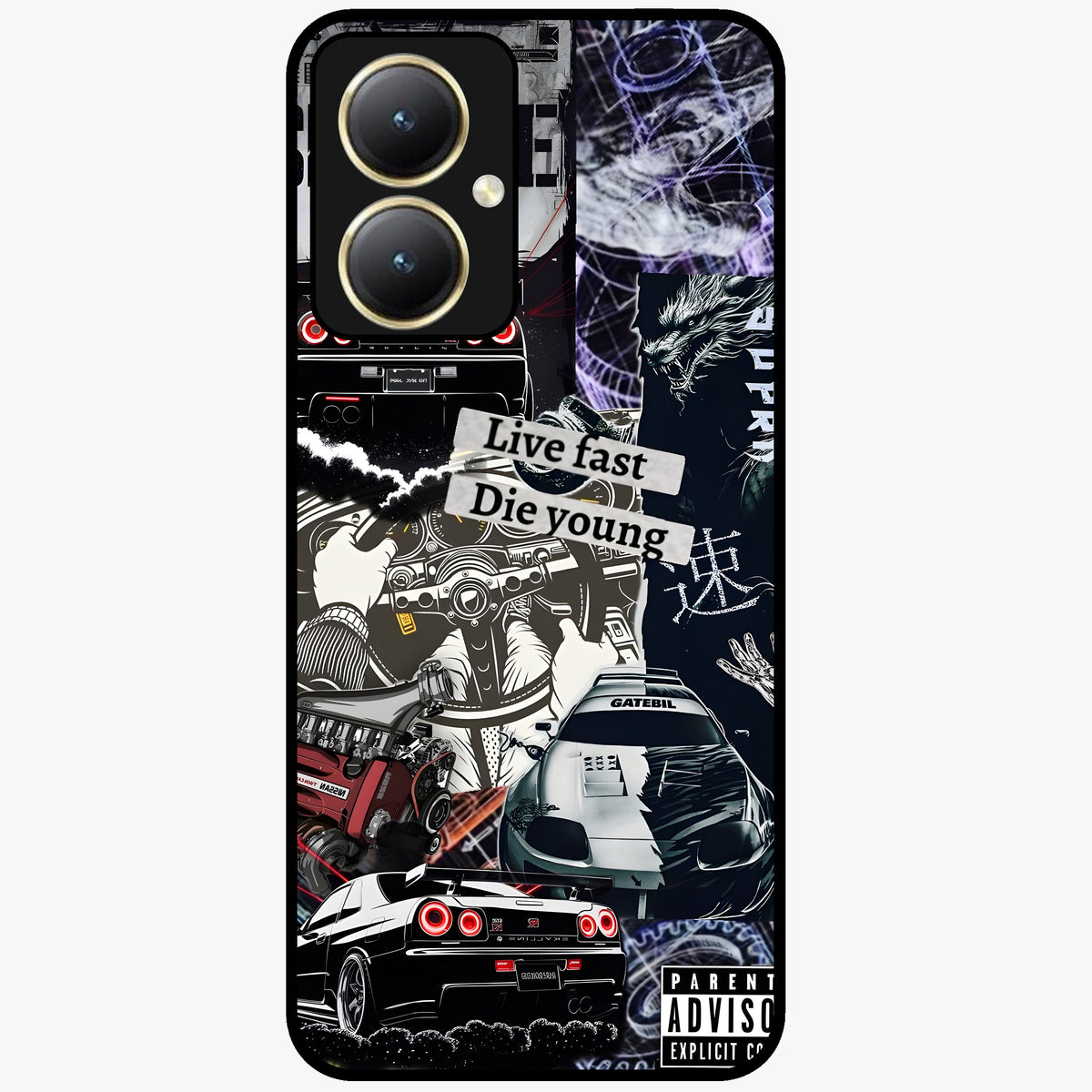 Die Young Glass Case showing flat back view with bold artistic typography design and glossy glass finish.