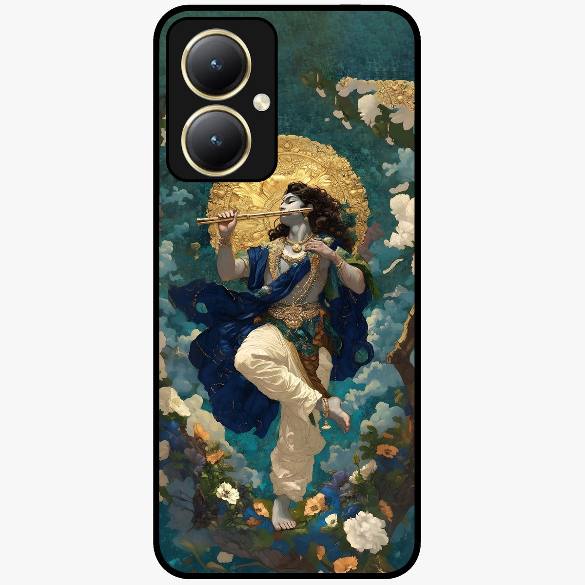 Divine Krishna Art Glass Case showing flat back view with Lord Krishna artwork and glossy glass finish.