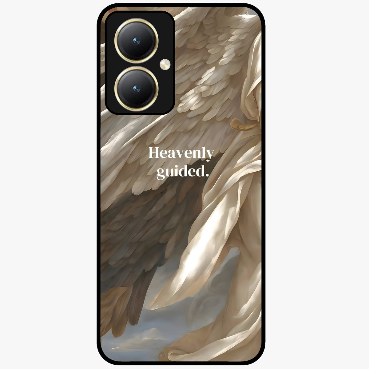 Divine Winged Grace Glass Case showing flat back view with elegant wing inspired artwork and glossy glass finish.