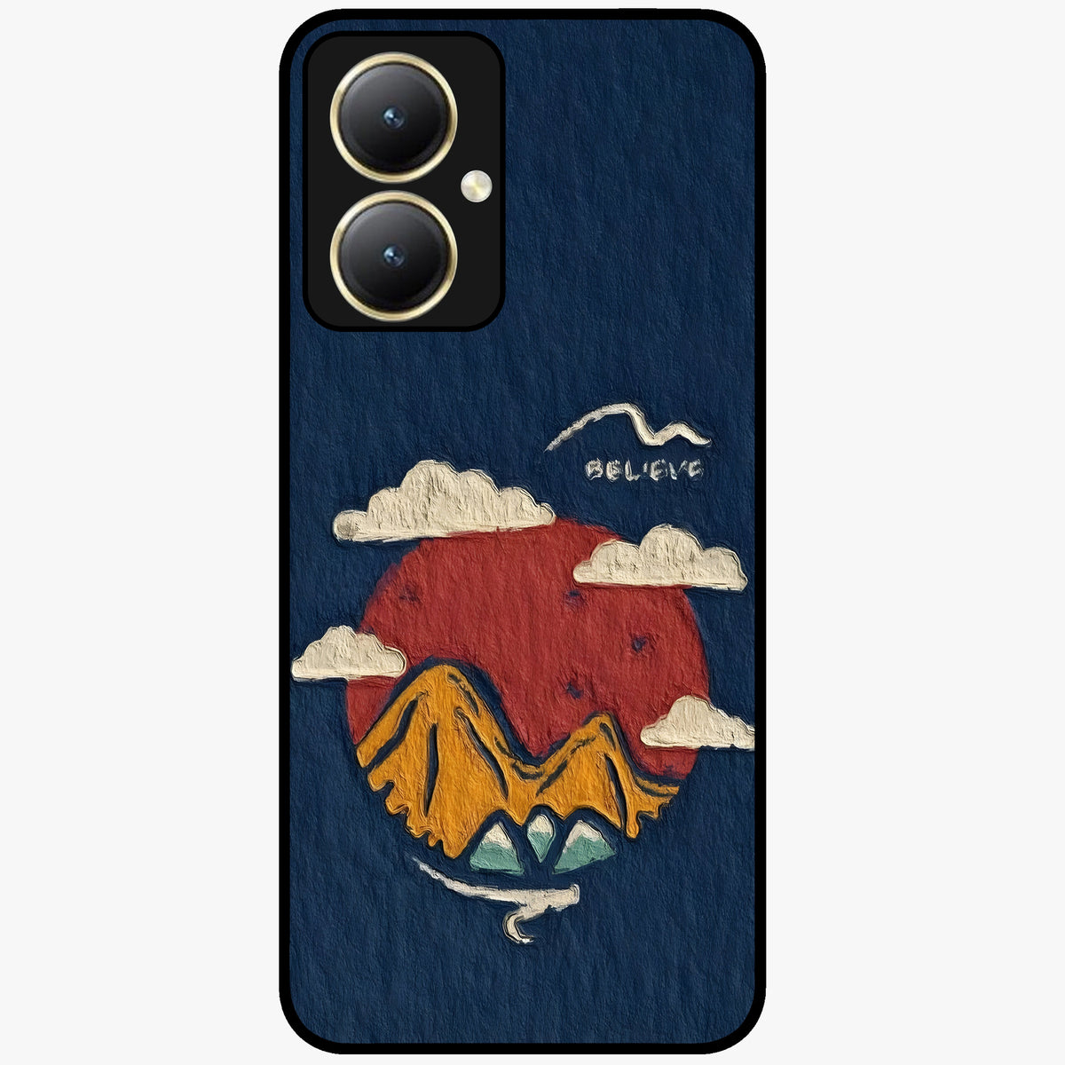 Dream Beyond Mountains Glass Case showing flat back view with scenic mountain landscape artwork and glossy glass finish.