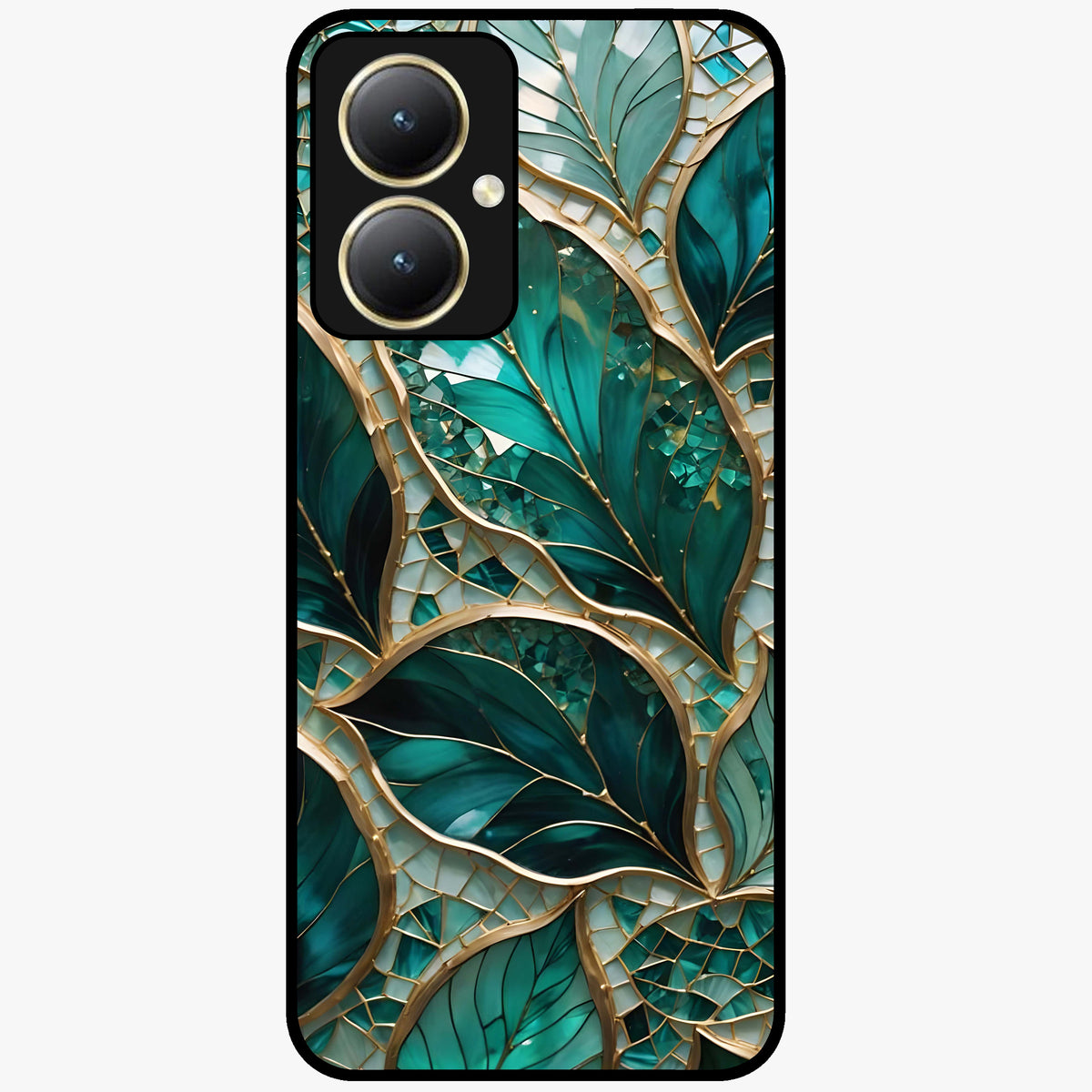 Emerald Leaf Glass Glass Case showing flat back view with emerald green leaf artwork and glossy glass finish.