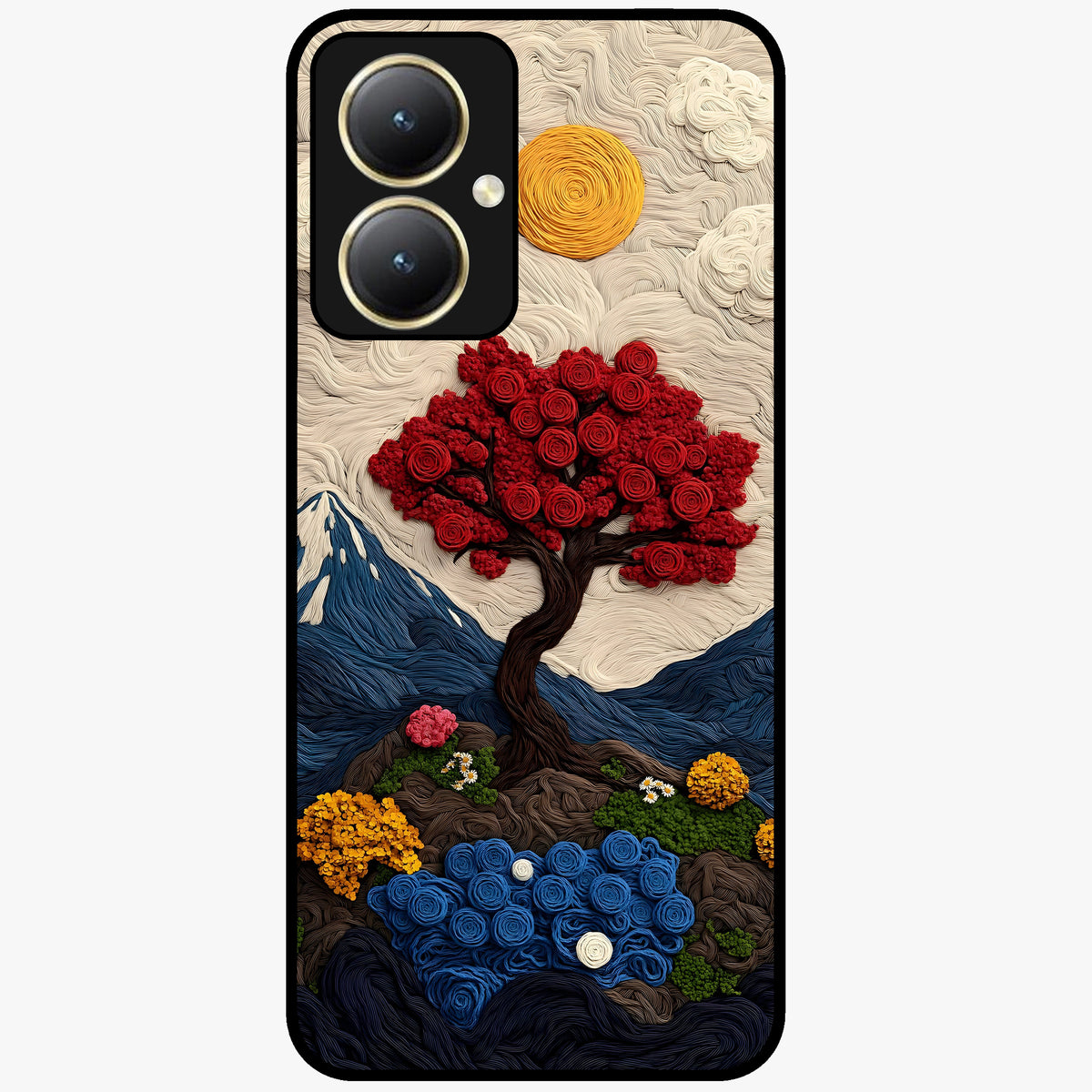Eternal Nature Tapestry Glass Case showing flat back view with intricate nature tapestry artwork and glossy glass finish.