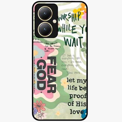 Faith Over Fear Glass Case showing flat back view with motivational typography artwork and glossy glass finish.