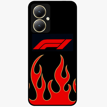 Fire F11 Glass Case showing flat back view with fiery themed artwork and glossy glass finish.