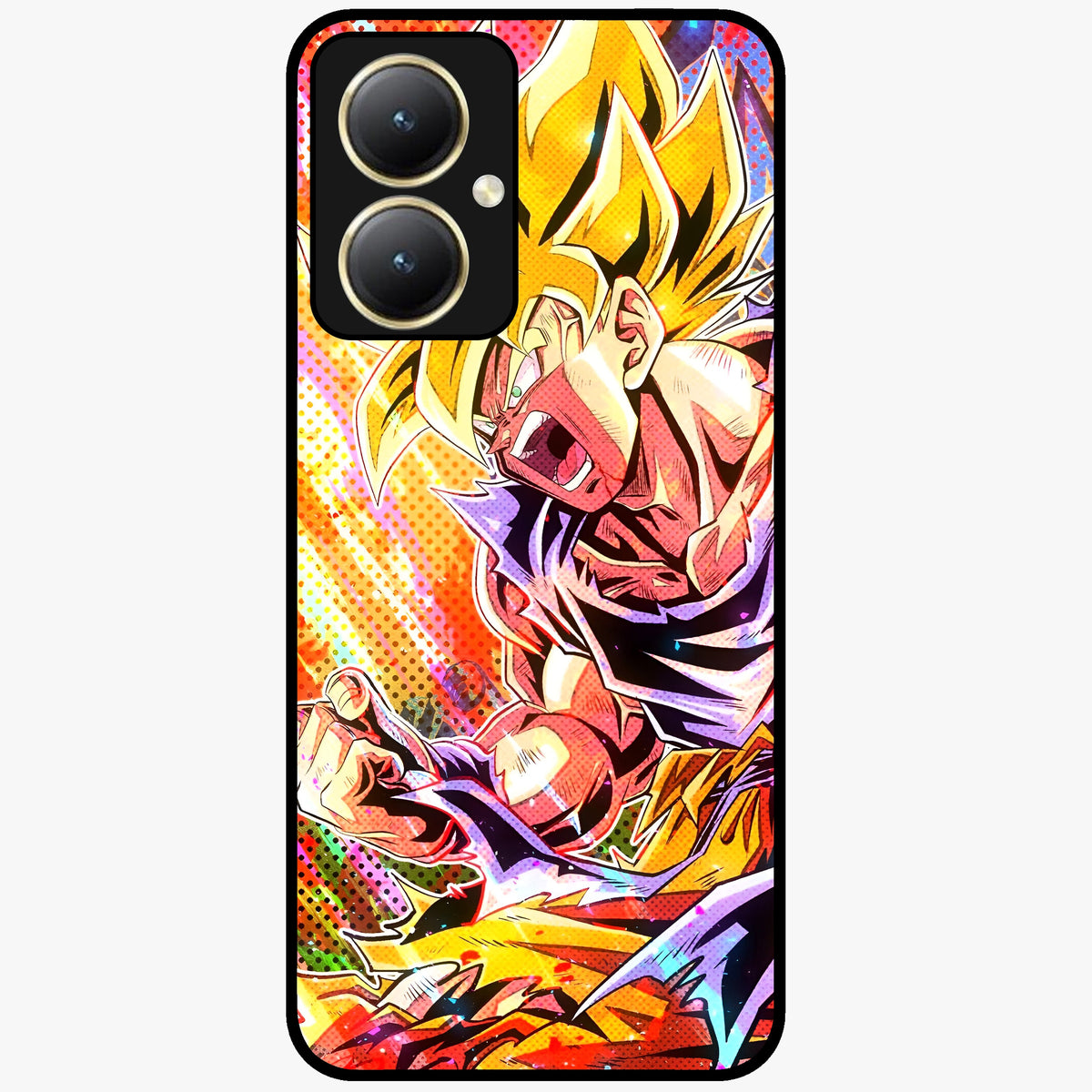 Firing Goku Glass Case showing flat back view with powerful anime inspired artwork and glossy glass finish.