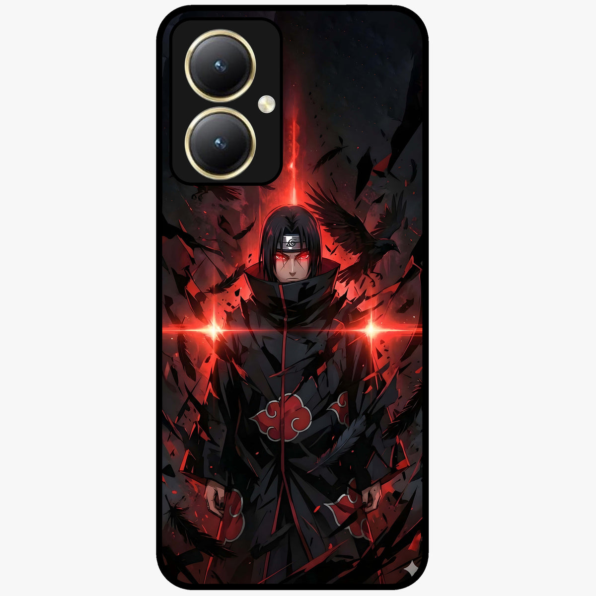Focused Blade Discipline Glass Case showing flat back view with warrior sword themed artwork and glossy glass finish.