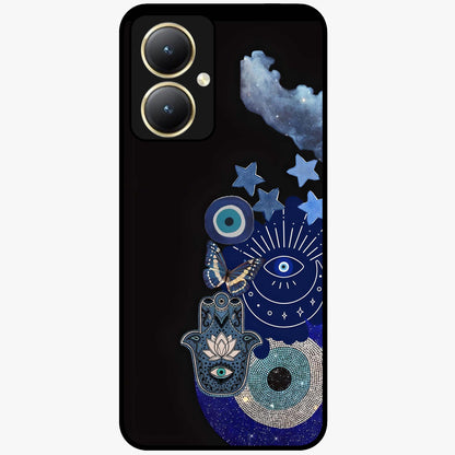 Galactic Charm Cluster Glass Case showing flat back view with glowing celestial charm artwork and glossy glass finish.