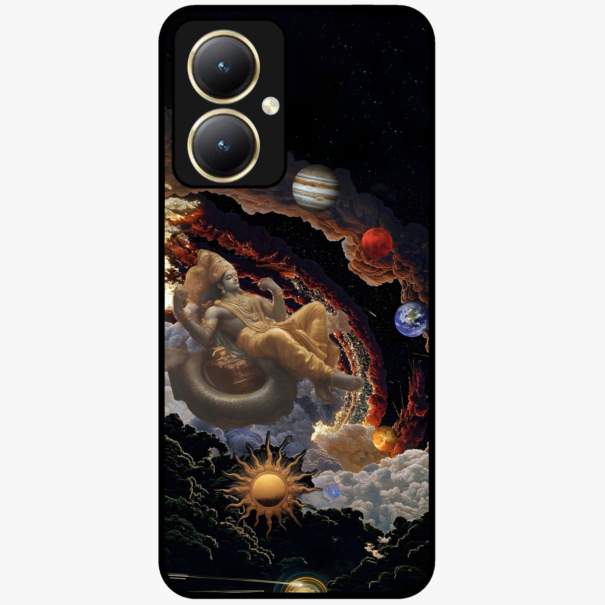 Galactic Divine God Glass Case showing flat back view with divine cosmic themed artwork and glossy glass finish.
