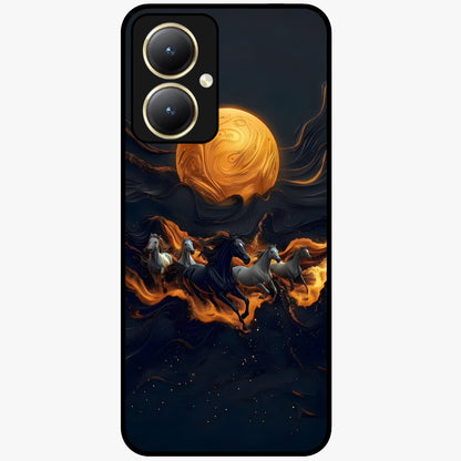 Golden Stallion Moonride Glass Case showing flat back view with majestic horse under moonlight artwork and glossy glass finish.