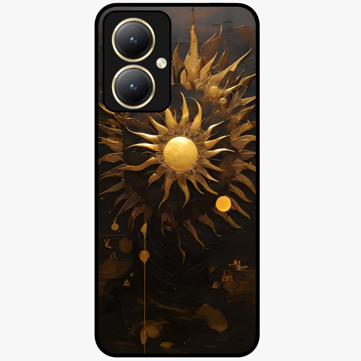 Golden Sun Majesty Glass Case showing flat back view with radiant golden sun artwork and glossy glass finish.