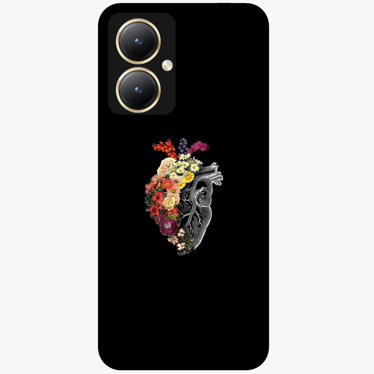 Heart With Flowers Glass Case showing flat back view with heart shaped floral artwork and glossy glass finish.