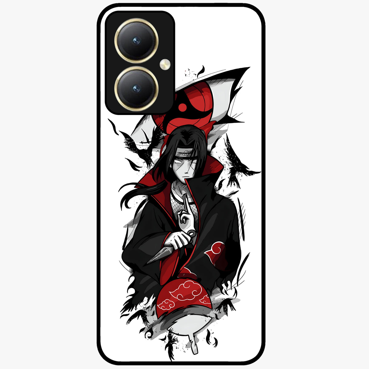 Itachi Sharingan Glass Case showing flat back view with powerful anime eye artwork and glossy glass finish.