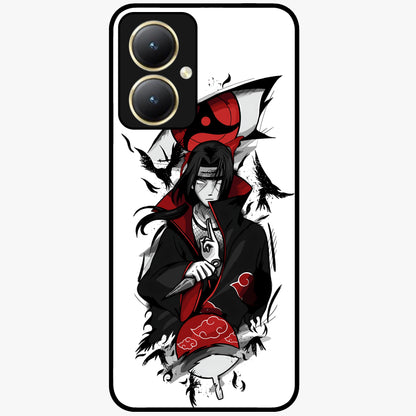 Itachi Sharingan Glass Case showing flat back view with powerful anime eye artwork and glossy glass finish.