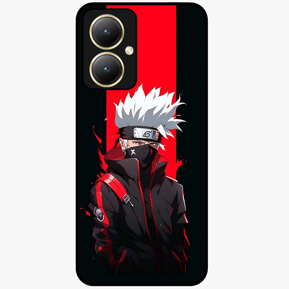 Kakashi Scarlet Shadow Glass Case showing flat back view with powerful anime ninja artwork and glossy glass finish.