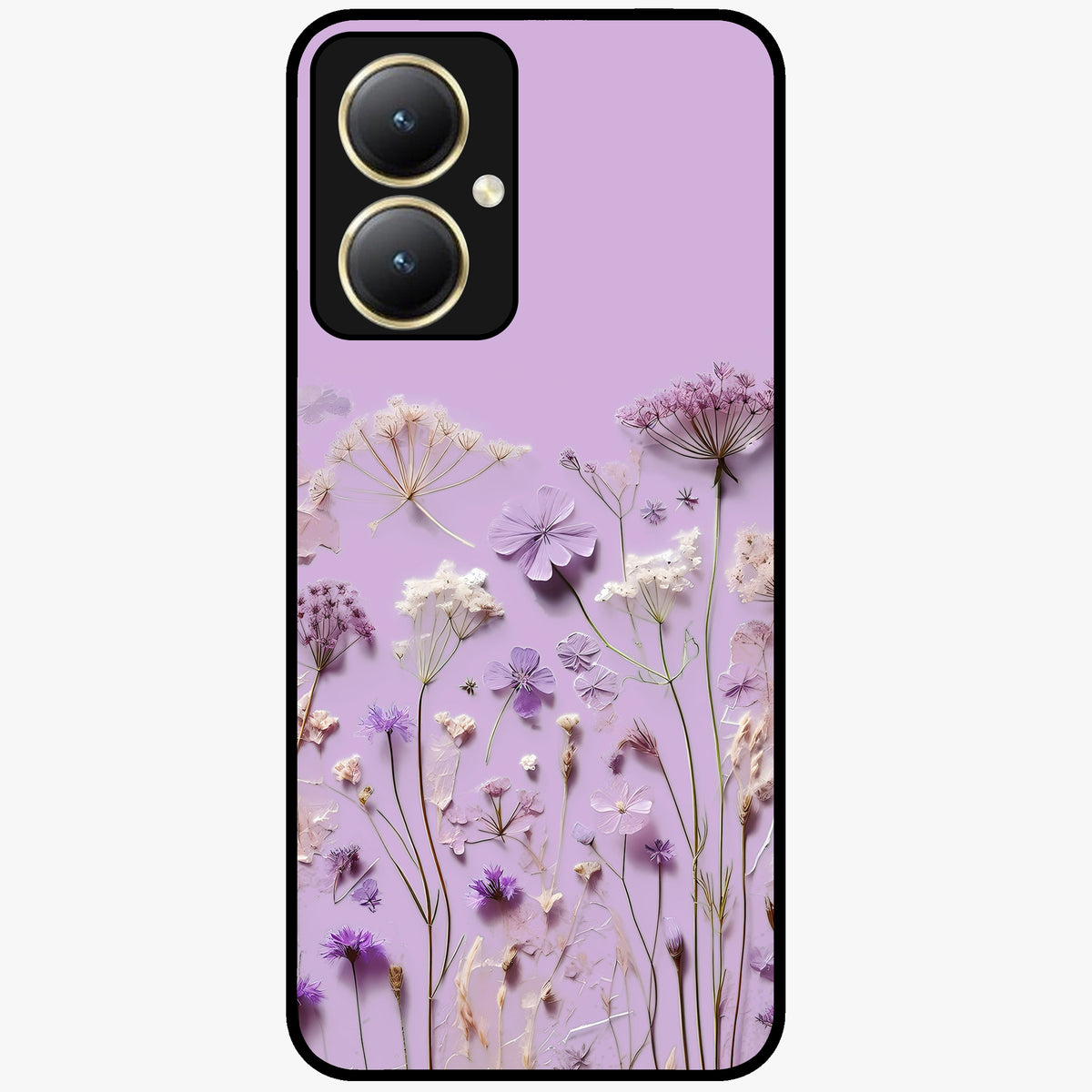 Lavender Blossom Dream Glass Case showing flat back view with soft lavender floral artwork and glossy glass finish.