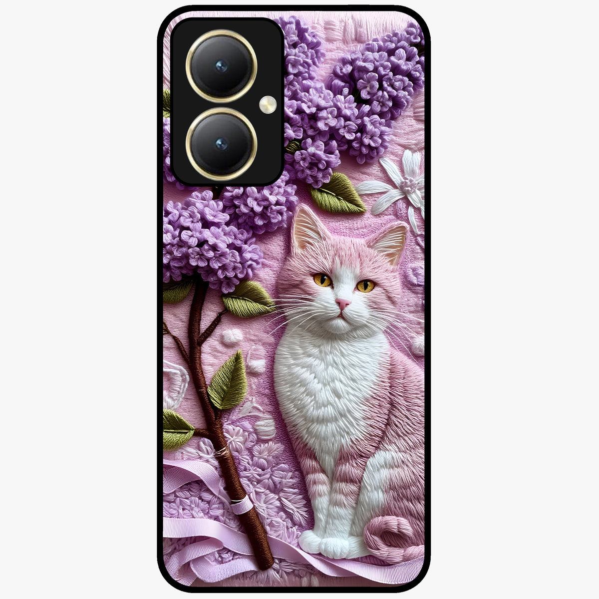 Lavender Cat Whimsy Glass Case showing flat back view with cute lavender cat artwork and glossy glass finish.