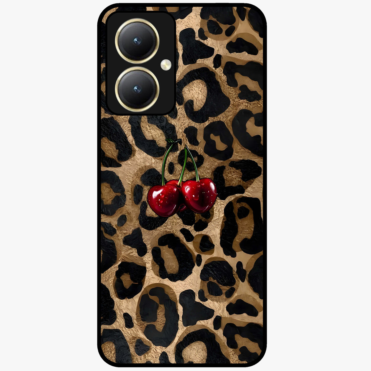 Leopard Wild Cherry Glass Case showing flat back view with leopard pattern and cherry artwork and glossy glass finish.